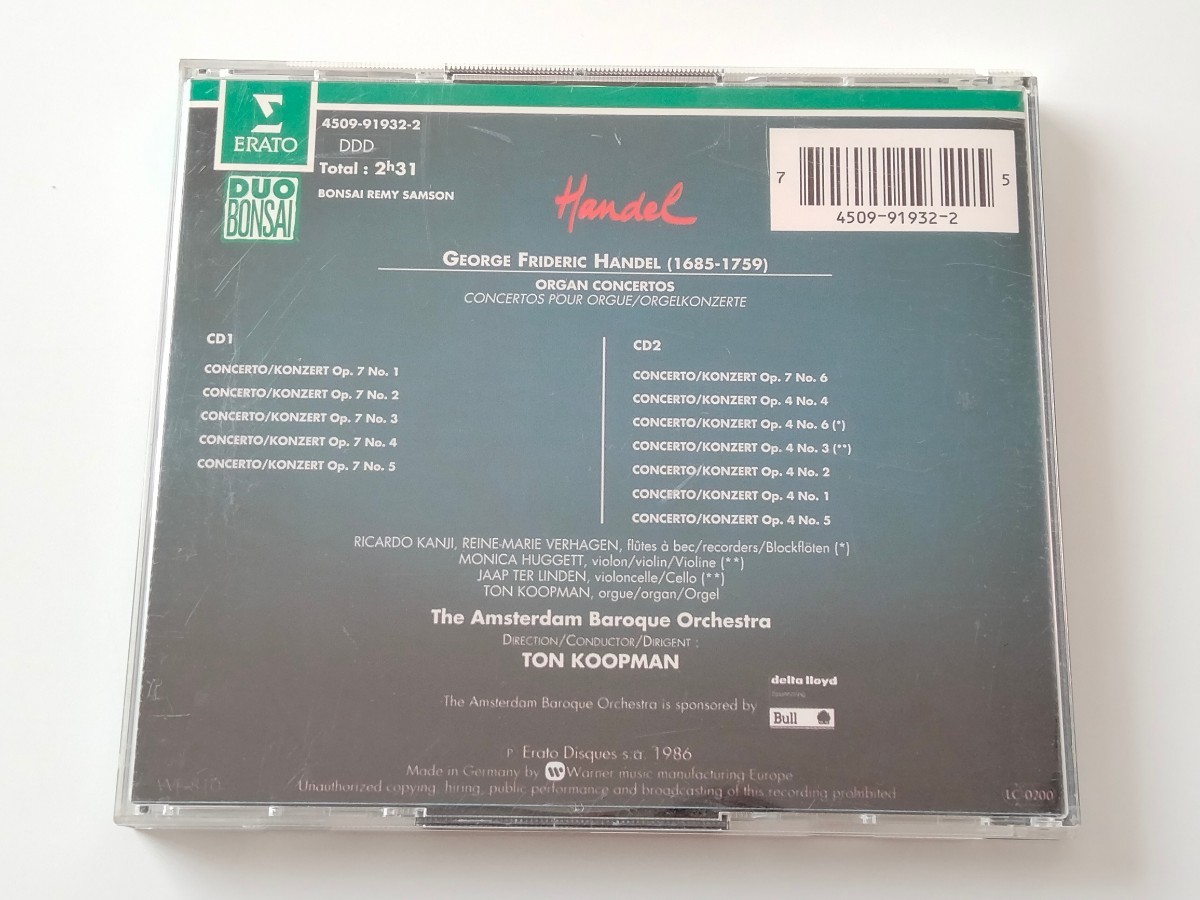 【日本仕様盤/解説付】ヘンデル Handel オルガン協奏曲集 Organ Concertos/ コープマン Ton Koopman 2枚組CD WPCC5545/6(ERATO GERMANY)_画像2