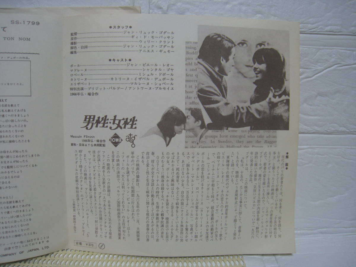 NO.1 男性・女性 / シャンタル・ゴヤ / レコード サウンズトラック盤 / SS-1799 日本ビクター(株)_画像5