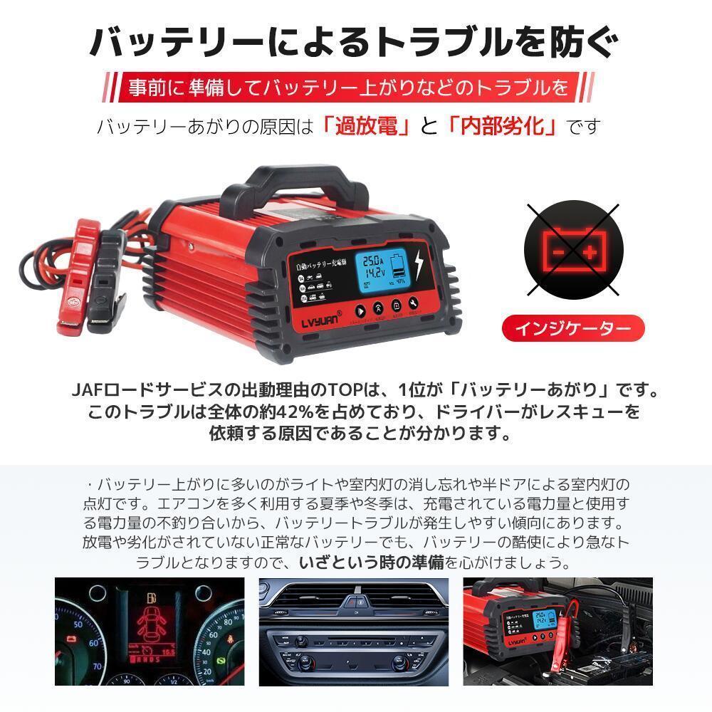 自動パルスバッテリー充電器 定格25A 12V/24V対応 維持充電方式 緊急時 全自動 スマートチャージャー バッテリー診断機能付_画像4