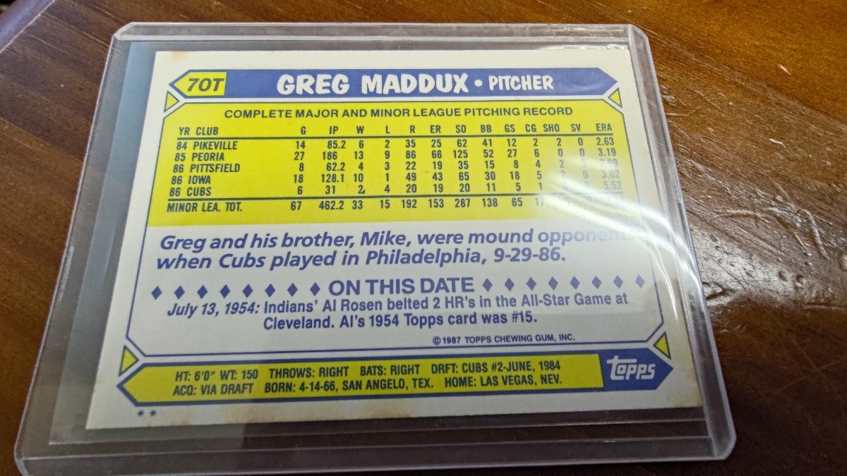 1987 topps traded T70 greg maddux XRC 経年劣化シミあり_画像3