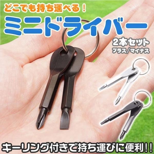 ミニドライバー 2本セット キーリング付き プラスドライバー マイナスドライバー キーホルダー 工具 【ブラック】_画像2