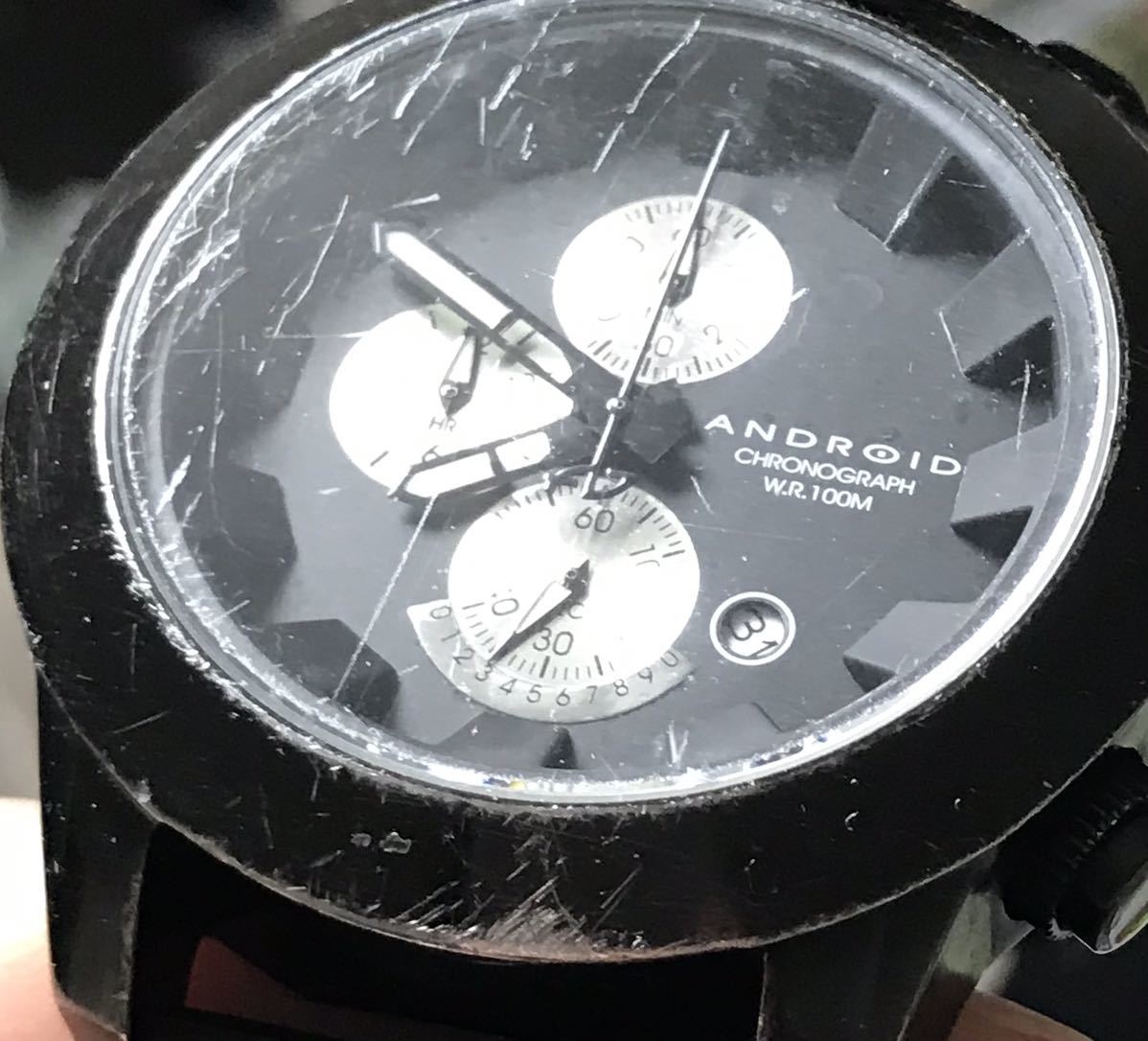 208-0213 ANDROID U.S.A メンズ腕時計　ラバーベルト　クオーツ　クロノグラフ 黒　ブラック　AD396 電池切れ 動作未確認_画像8