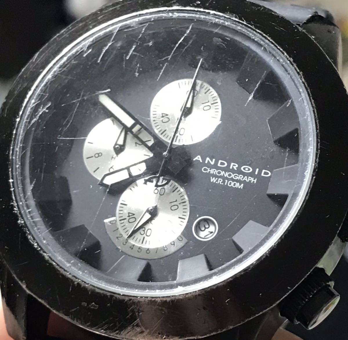 208-0213 ANDROID U.S.A メンズ腕時計　ラバーベルト　クオーツ　クロノグラフ 黒　ブラック　AD396 電池切れ 動作未確認_画像7