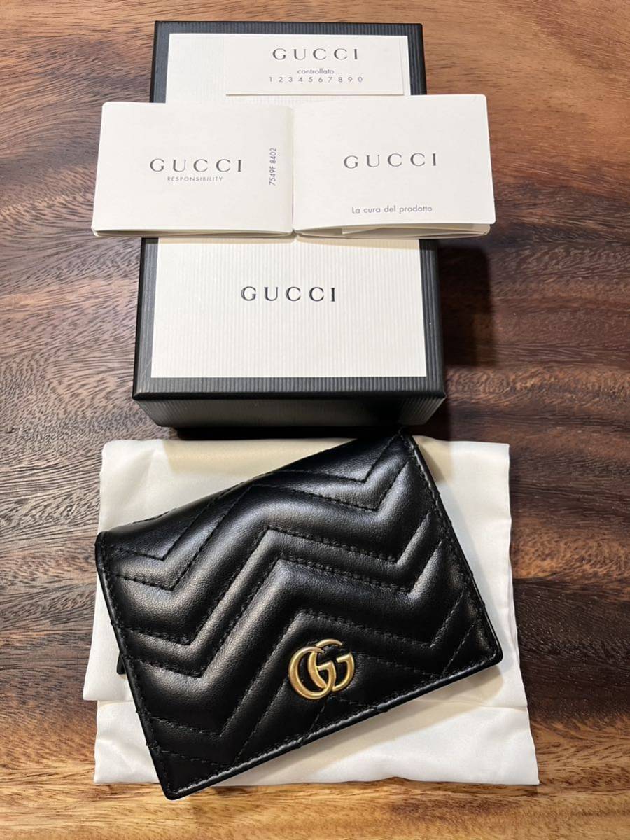 GUCCI/グッチ GGマーモントキルティング 2つ折財布 プチマーモント ミニ財布 ユニセックス ブラック×ゴールド金具 レザー_画像1