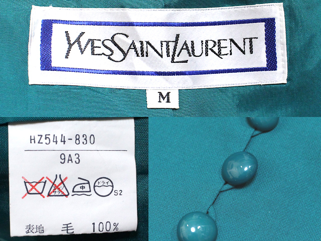 美品 Yves Saint Laurent イヴサンローラン ウール セットアップスーツ M ヴィンテージ ジャケット スカート ブルーグリーン YSL_画像6