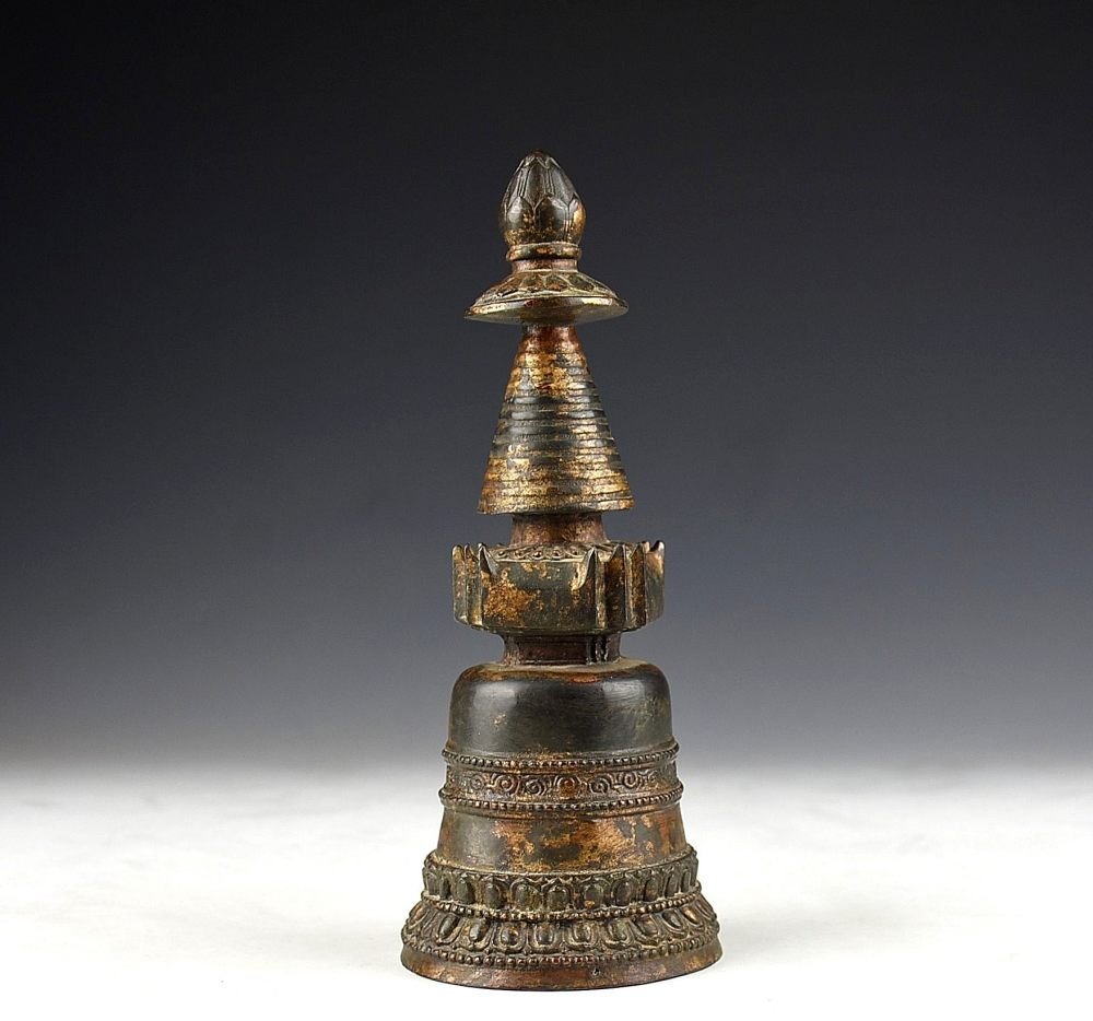 【蔵A3271】中国古美術　チベット密教　唐銅佛塔　23ｃｍ