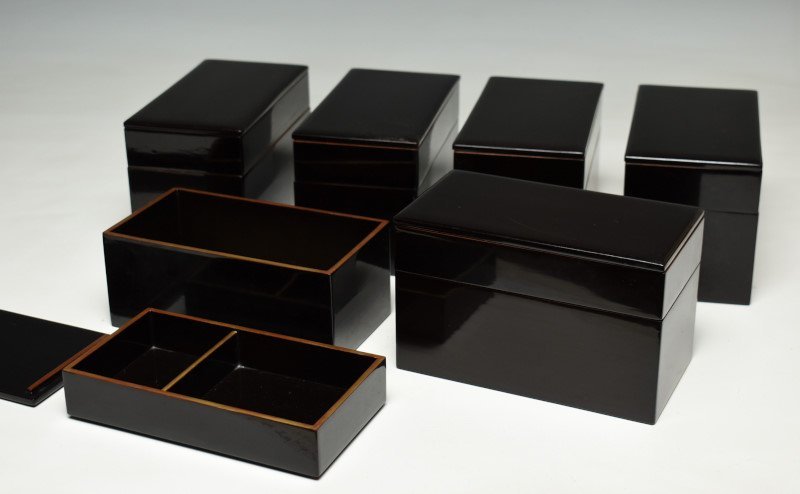 【蔵A2136a】木製黒塗　弁当箱　二段重　六客　茶道具