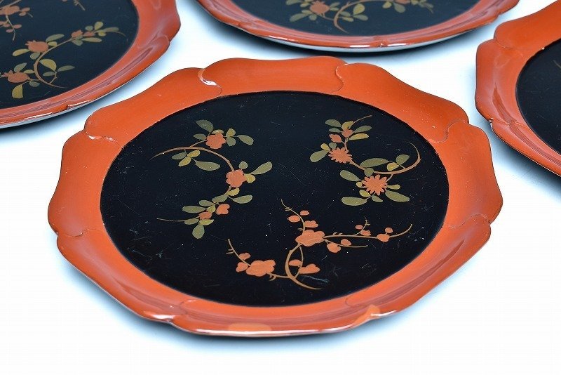 【蔵c7003】古美術　古典様式　輪花木製菓子皿　五枚　江戸時代