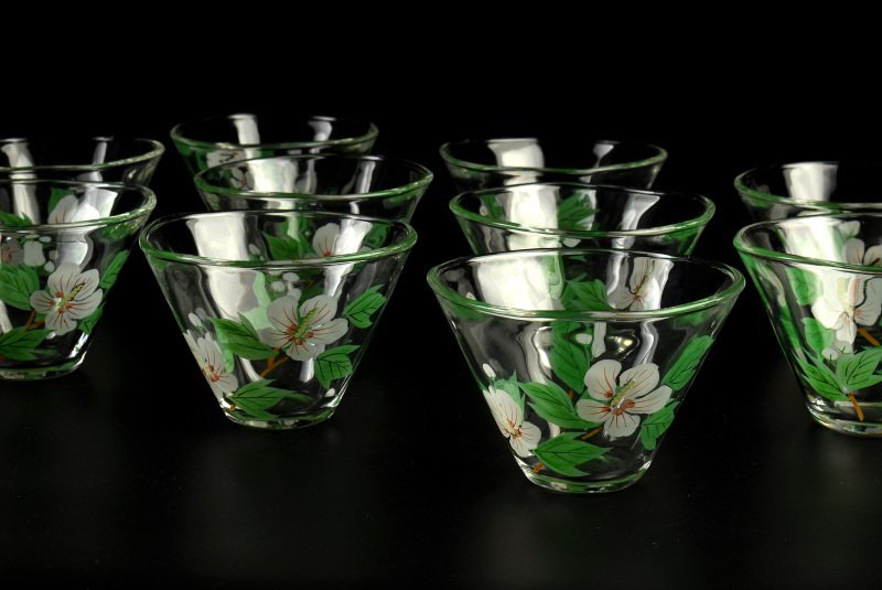 【蔵c9102f1】ガラス　エナメル彩　木槿文　小鉢　氷コップ　カップ　十客