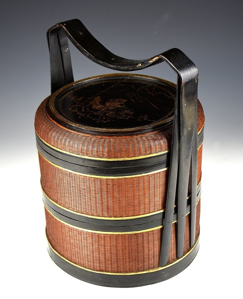 【蔵c7065】中国古美術　網代提籃　煎茶道具