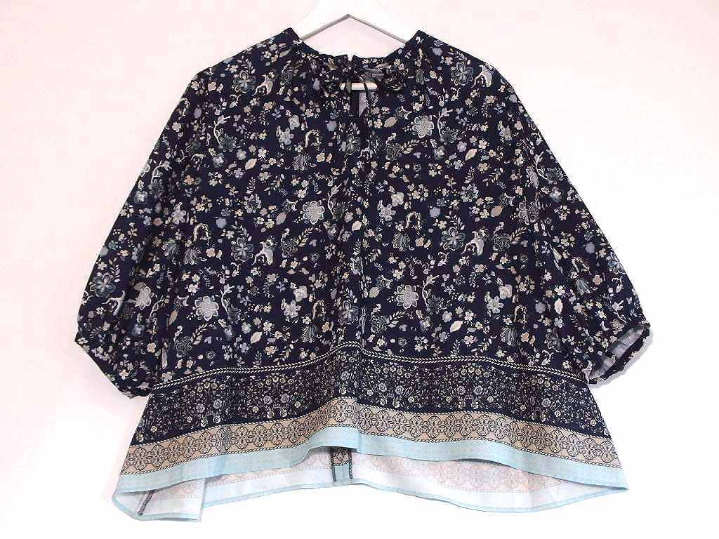  Chris se Lee nCHRISCELIN flower total pattern over blouse tunic puff sleeve *40 navy sy4802209438