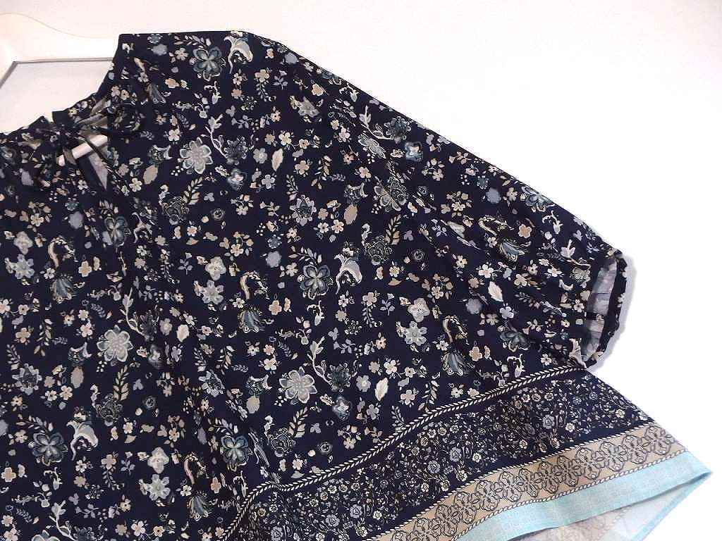  Chris se Lee nCHRISCELIN flower total pattern over blouse tunic puff sleeve *40 navy sy4802209438