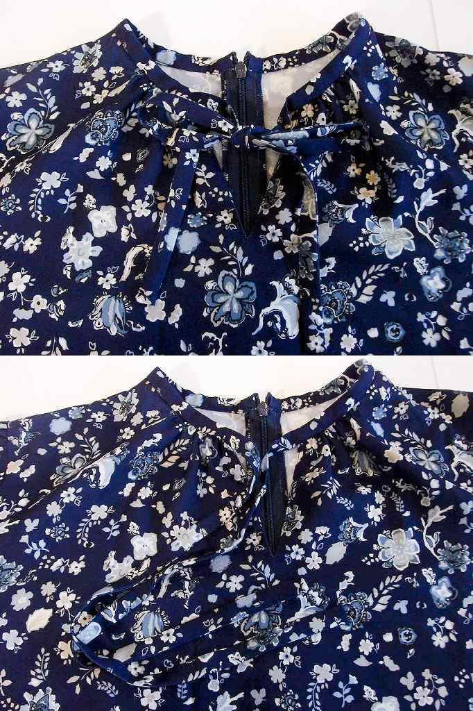  Chris se Lee nCHRISCELIN flower total pattern over blouse tunic puff sleeve *40 navy sy4802209438