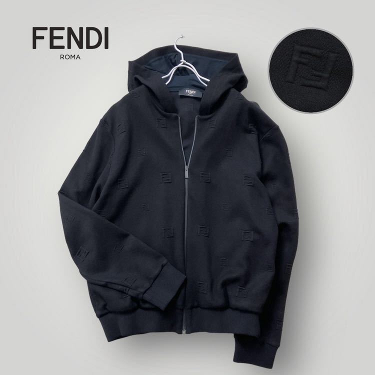 [美品] 大きいサイズ FENDI フェンディ / フード ジップパーカー 黒 ロゴマーク XL イタリア ユニセックス スウェット 12万程度