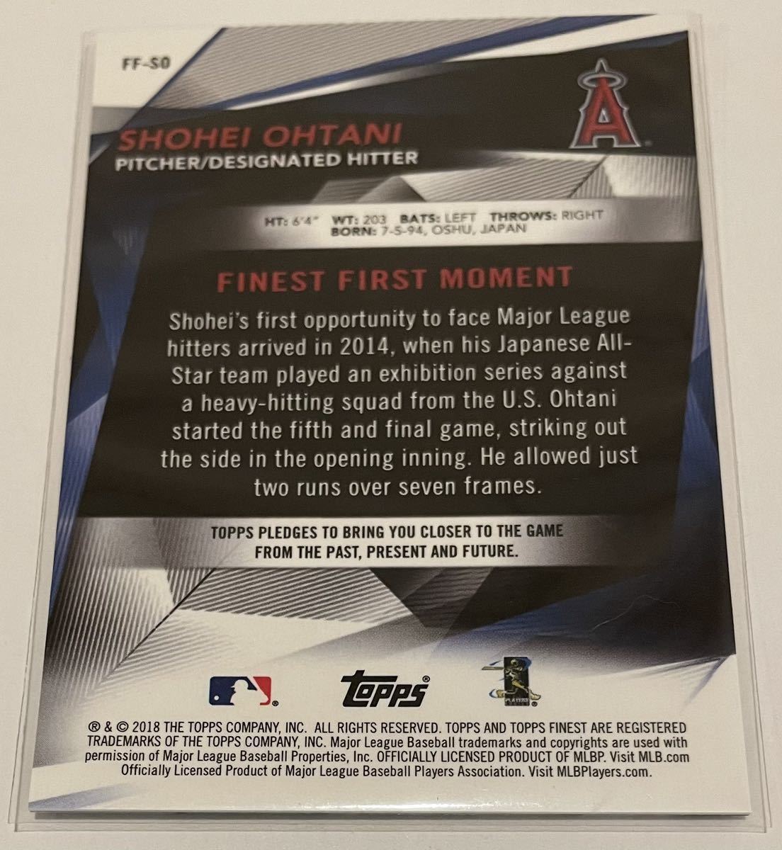 2018 MLB topps finest SHOHEI OHTANI RC FF-SO 大谷 美品 貴重！_画像2