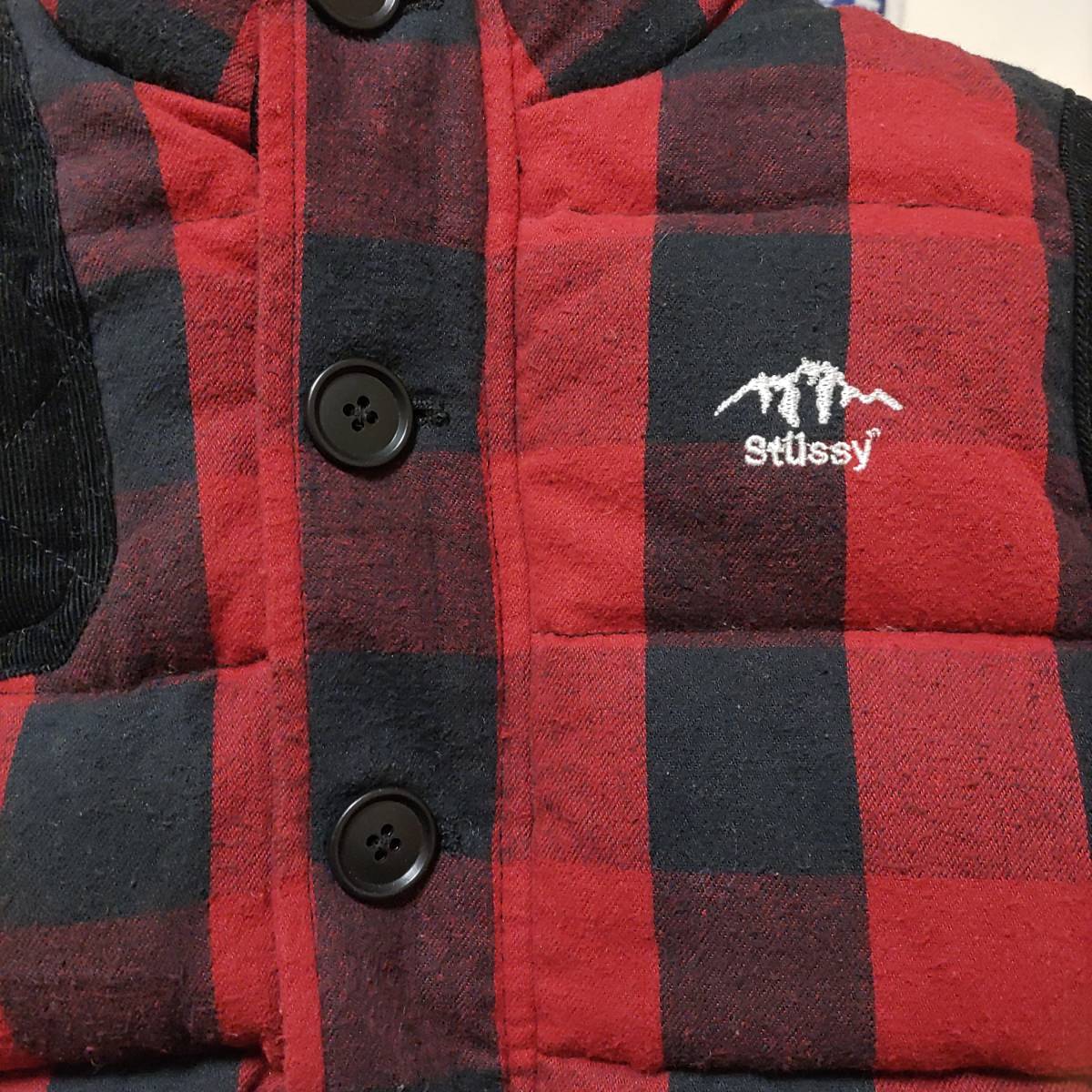  classical down * Stussy STUSSY down vest black flannel RED red check KIDS Kids M/5T red 110cm120cm check pattern down jacket child 