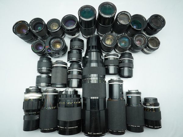 ★ニコン 純正MFレンズなど★Reflex-NIKKOR・C/Zoom-NIKKOR/Micro-NIKKOR/Tokina/SUN/ 等 計:30点まとめ【ジャンク品】29416_この写真にあるものが全て