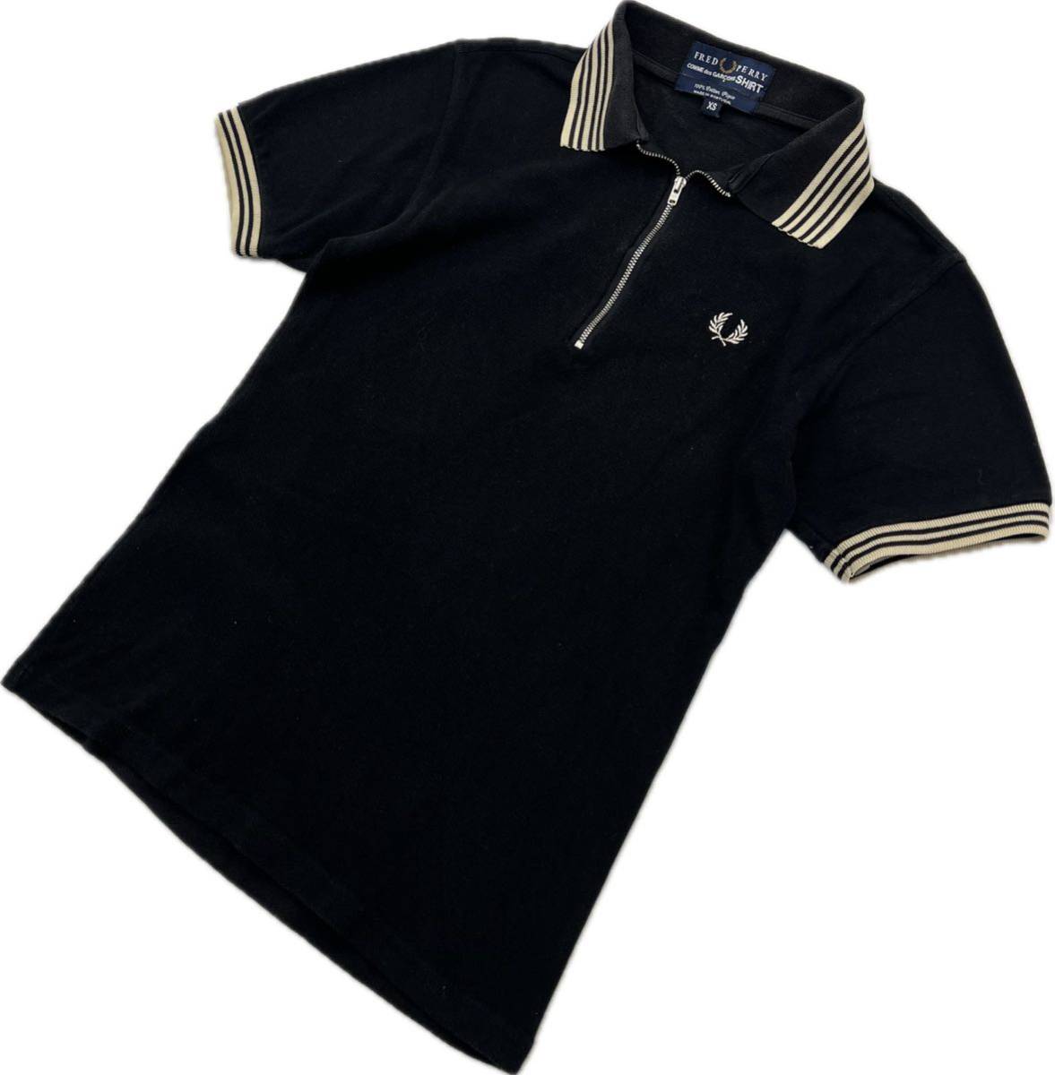 COMME des GARCONS SHIRT ☆ FRED PERRY 希少 コラボ 半袖 ジップ ポロシャツ ブラック XS メンズ ストリート モード ギャルソン■BC268_画像1