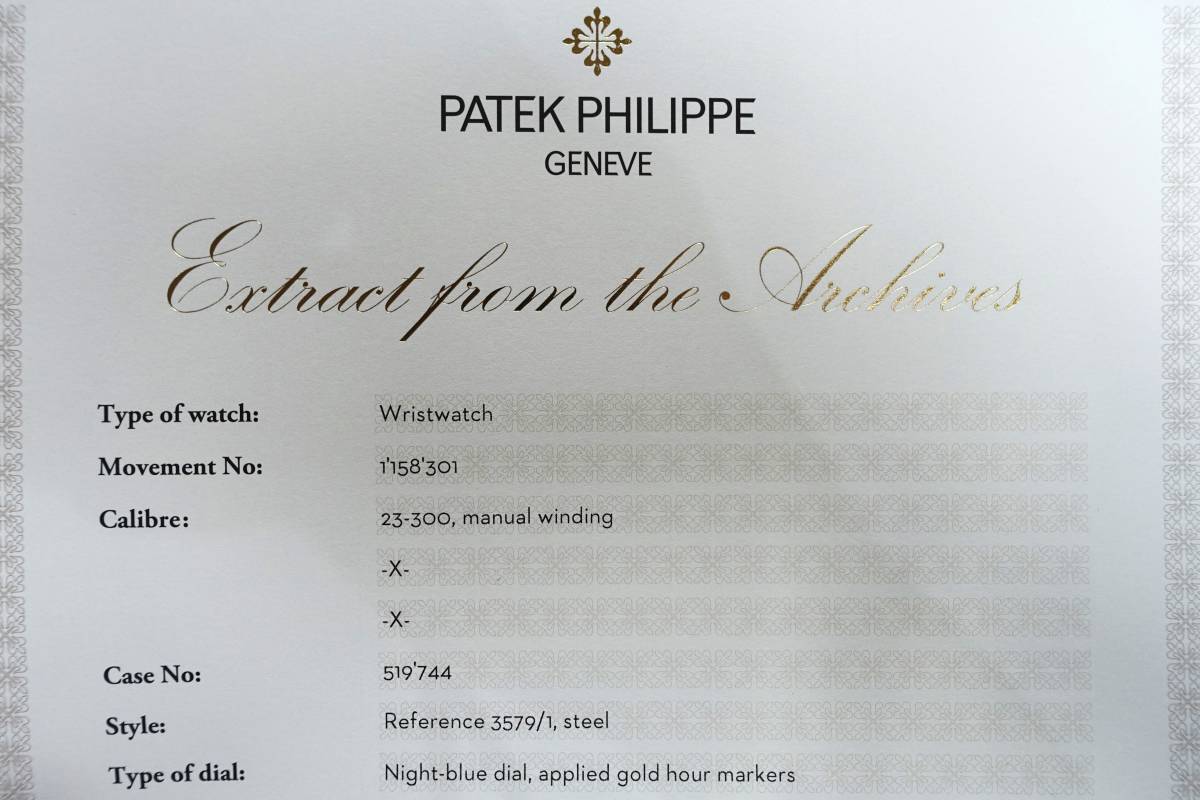 PATEKPHILIPPE　Cラインステンレス防水ケース　Ref.3579　特価　希少　71年製　アーカイブ付き　ブルーダイヤル　コンディション良好_画像7