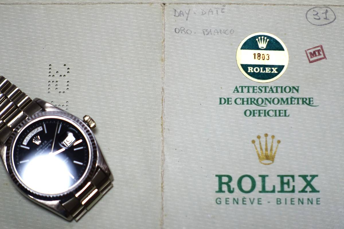 ROLEX　デイデイト　Ref.1803/9　ホワイトゴールド無垢 ブラックレッドアイダイヤル 73年製 純正スイス製プレジデントブレスと保証書付き　