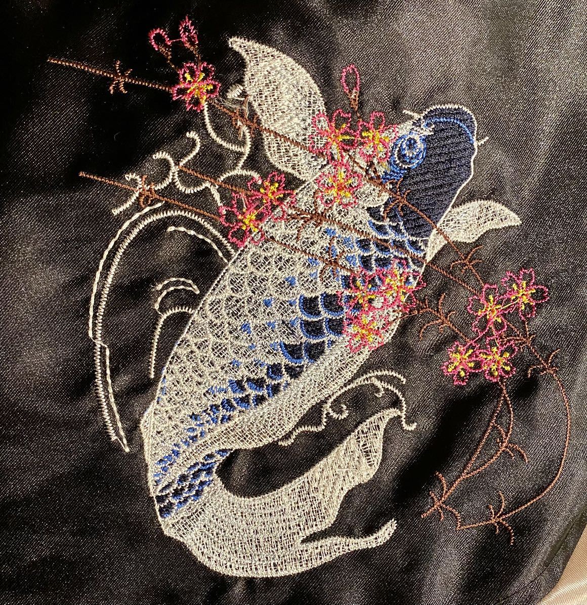 一心如鏡 スカジャン 月夜鯉 L 刺繍 バイカラー コイ 月 夜 JAPAN