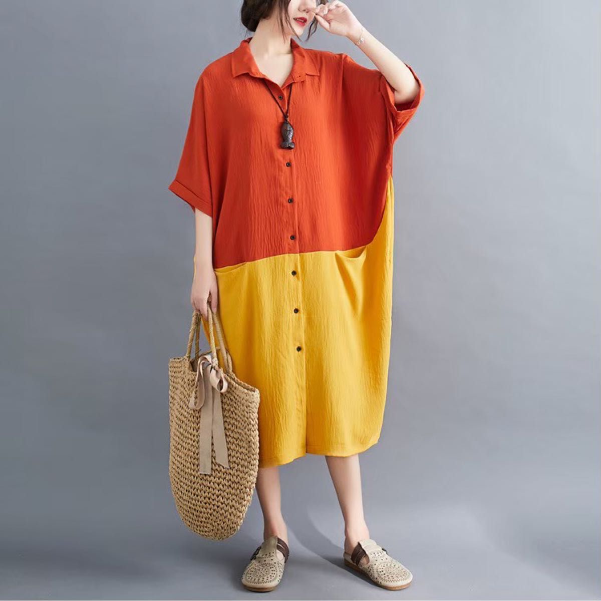 ワンピース チュニック ロングワンピース オーバーシャツ 半袖 シャツ ツートン 体型カバー マタニティ オレンジ黄 XL