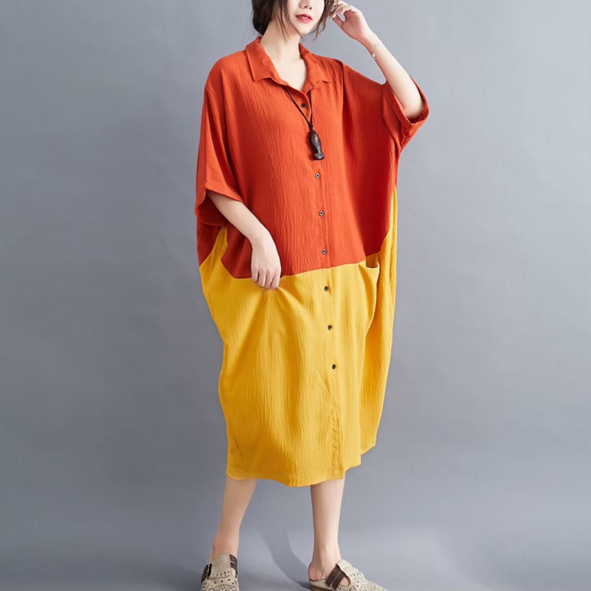 ワンピース チュニック ロングワンピース オーバーシャツ 半袖 シャツ ツートン 体型カバー マタニティ オレンジ黄 XL