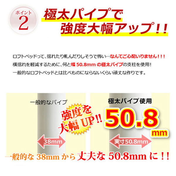 階段付 ロフトベット 極太パイプ コンセント付宮棚 ハイタイプ・ミドルタイプに高さ調整可能 耐荷重120kg レジデンス ブラウン色 組立品③_画像6