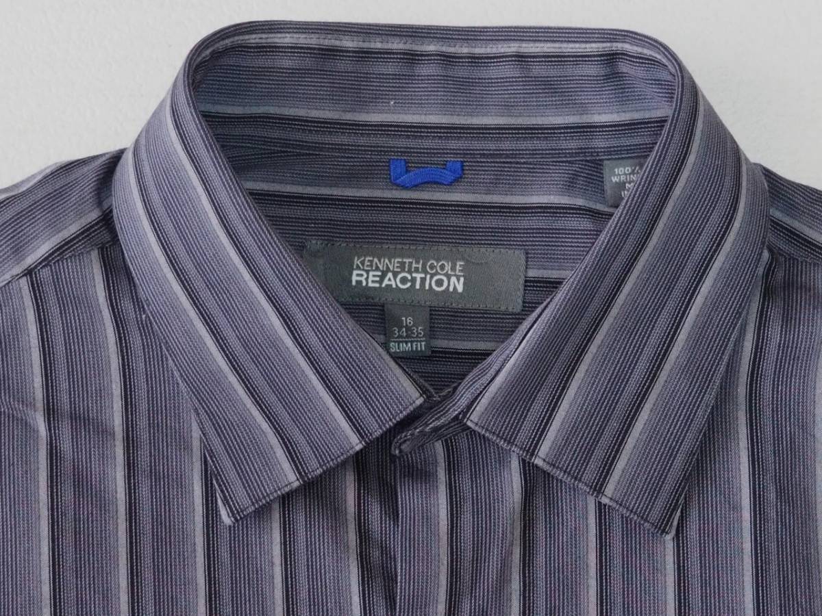 ☆送料無料☆ KENNETH COLE REACTION ケネスコール USA直輸入 古着 長袖 ストライプ シャツ メンズ 16 スリムフィット グレー 中古 即決_画像3