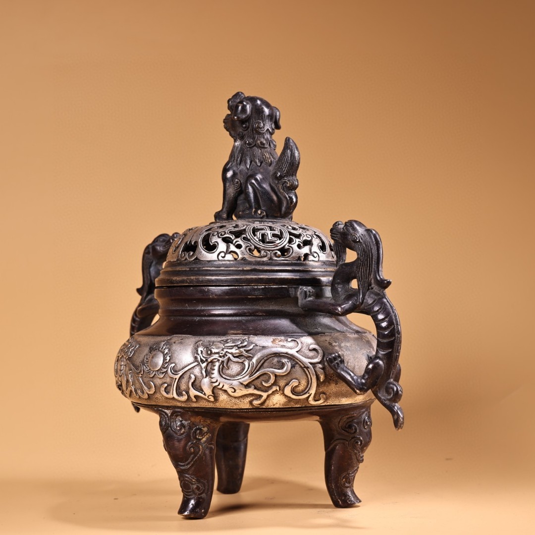 館蔵珍品銅製銀鍍獅蓋雙龍耳三足熏香炉』置物賞物貴重物品収蔵品 館蔵珍品銅製銀鍍獅蓋雙龍耳三足熏香炉』置物賞物貴重物品収蔵品