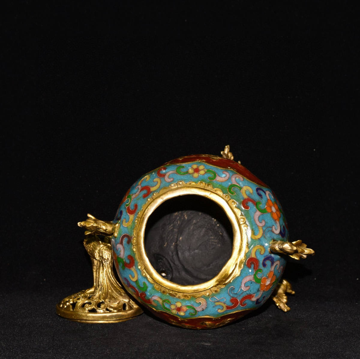 館蔵珍品 銅製 塗金 景泰藍 琺瑯彩 雙耳 三足孔雀熏香炉』 館蔵珍品 銅製 塗金 景泰藍 琺瑯彩 雙耳 三足孔雀熏香炉』