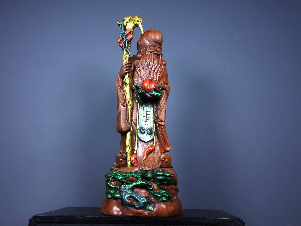 『館蔵珍品 花梨木製 細密彫 彩繪 寿星像』置物 賞物 貴重物品 収蔵品 中国古美術