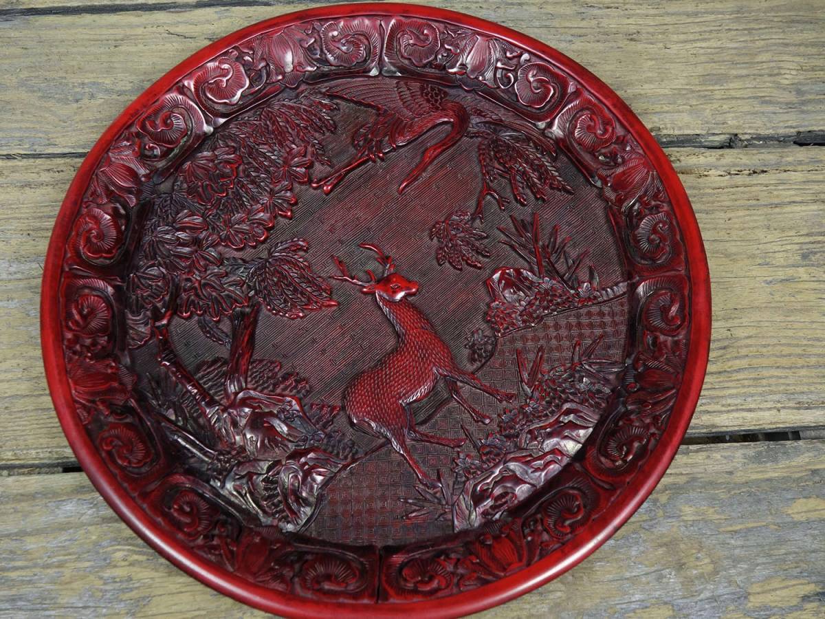 館蔵珍品 漆器漆彫 剔紅 鹿鶴同春紋 賞盤』置物 賞物 貴重物品 館蔵珍品 漆器漆彫 剔紅 鹿鶴同春紋 賞盤』置物 賞物 貴重物品