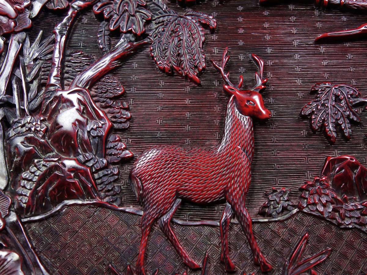 館蔵珍品 漆器漆彫 剔紅 鹿鶴同春紋 賞盤』置物 賞物 貴重物品 館蔵珍品 漆器漆彫 剔紅 鹿鶴同春紋 賞盤』置物 賞物 貴重物品