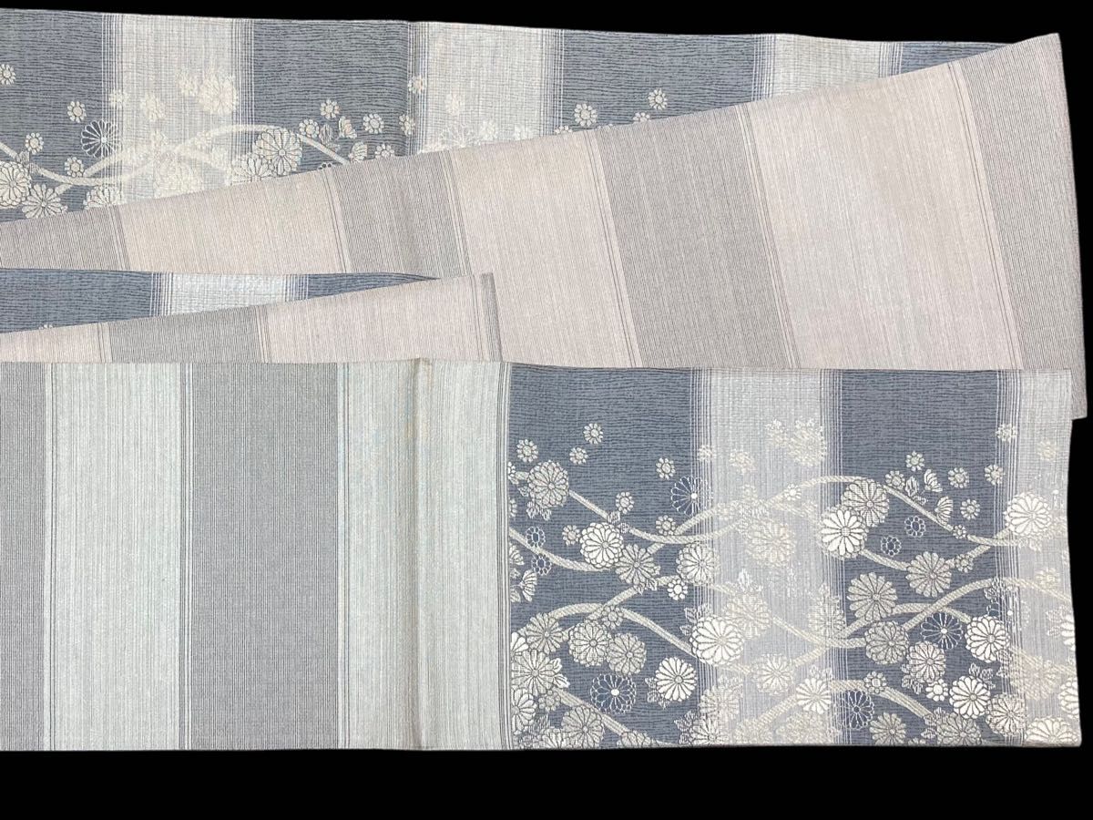リバーシブル ツーシーズン 袋帯 正絹 花文 菊 横段 未使用 イ3422