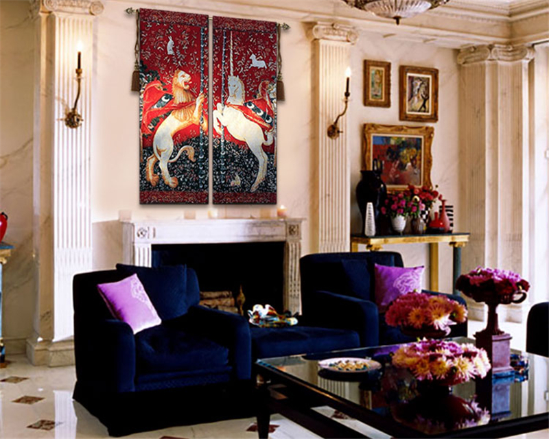 西洋美術 中世タペストリー「貴婦人と一角獣」のユニコーンとライオン部分タペストリーペア2枚セットリビング装飾輸入品_画像6