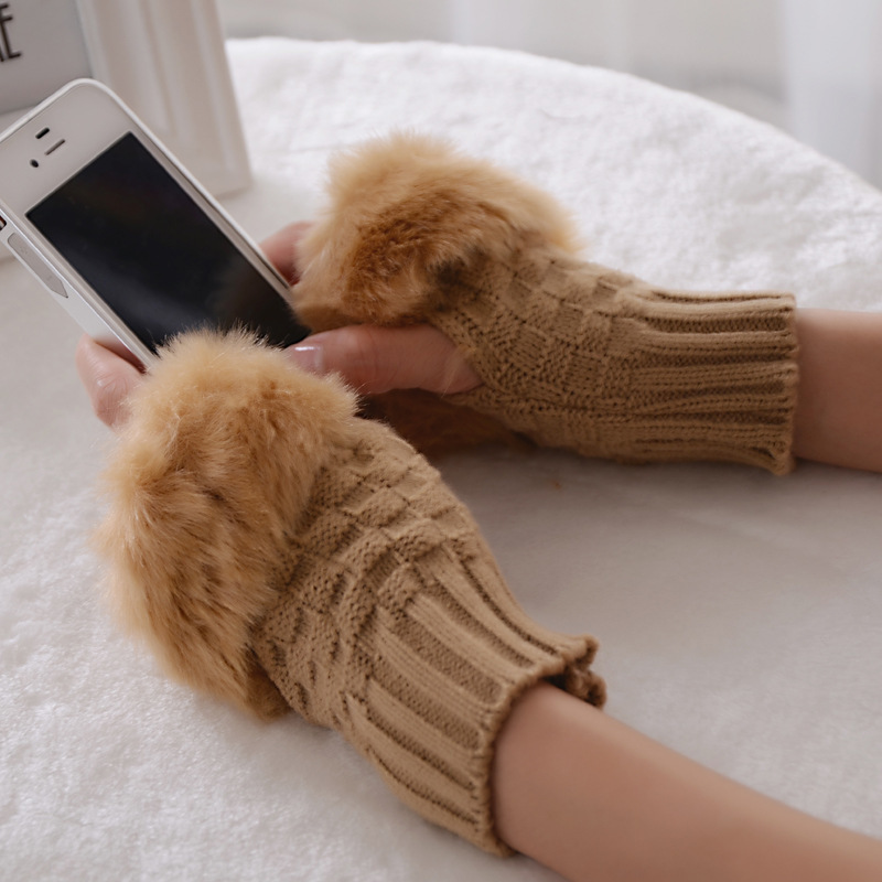  new goods finger less gloves beige fur attaching hand warmer touch panel smartphone Touch finger none finger less Christmas birthday free shipping 