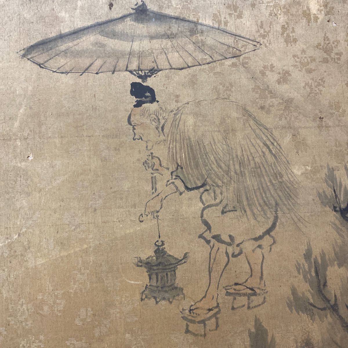 芭蕉？ 詳細不明 水墨画？ 古い 骨董 絵 時代物 飾り 現状品 木製枠_画像5