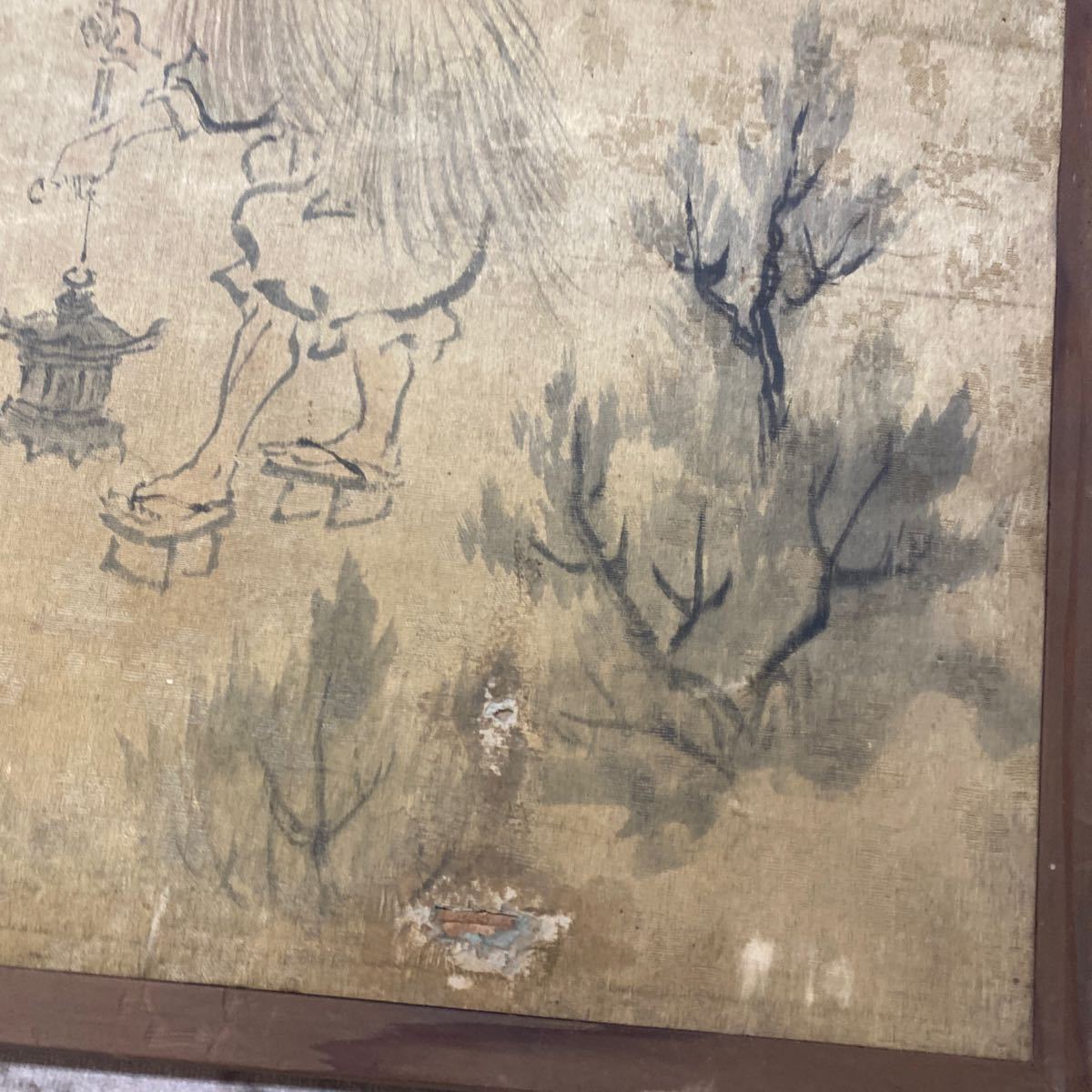 芭蕉？ 詳細不明 水墨画？ 古い 骨董 絵 時代物 飾り 現状品 木製枠_画像6