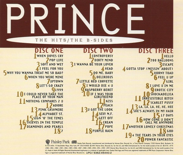 プリンス PRINCE / ザ・ヒッツ＆Bサイド・コレクション The Hits And The B-Sides / 1993年作品 / ベスト盤 / 3CD / WPCP-5623-5_画像2