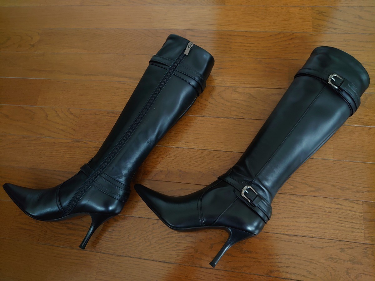 新品未使用 DIANA ダイアナ レザー ロング ブーツ ブラック サイドジップ ピンヒール 24.0cm ヒール高さ 約9cm ブーツ丈 約45cm 日本製 黒
