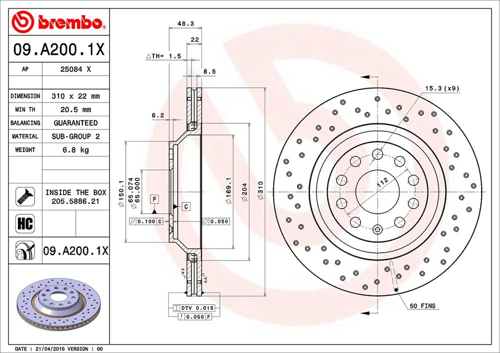 brembo エクストラブレーキローター リア フォルクスワーゲン パサートヴァリアント (B6) 3CAXZF H18.4～H22.3 V6 4モーション 3.2L ワゴン_画像3