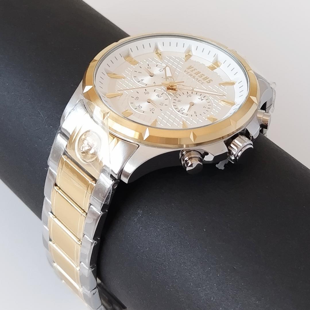 シルバーダイヤル新品ヴェルサス・ヴェルサーチ高級腕時計メンズ クロノグラフ クォーツVERSACEホワイト ゴールド きれい 箱付_画像8
