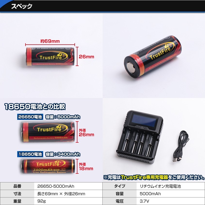 26650 リチウム電池 5000mAh 4本セット NCR 4.2v-3.7v 26650電池 充電池 保護回路付き (PSE適合品) TrustFire リチウムイオン電池 懐中電灯_画像5