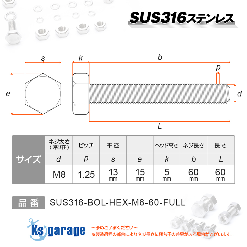 SUS316 ステンレス ボルト M8×60 P1.25 （20本セット） 六角ボルト 全ネジ 船 ボート 船舶 艤装用 固定 ネジ マリングレード ステンレス_画像2