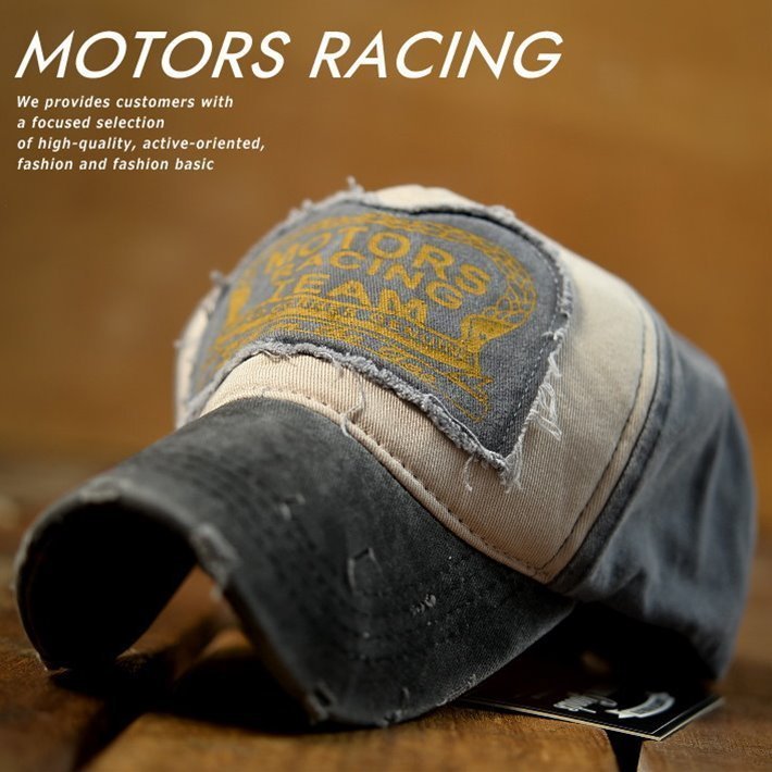 MOTORS RACING キャップ 帽子 メンズ レディース Vintage DESTOROYED ダメージ加工 7990349 9009978 M-5 チャコール 新品 1円 スタート_画像1
