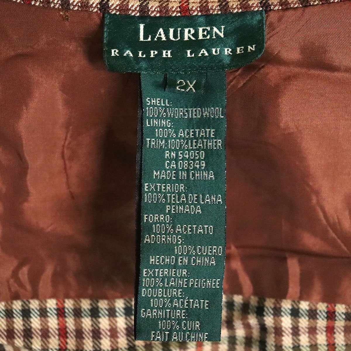 A4S/R1.26-1　LAUREN RALPH LAUREN　ローレン ラルフ ローレン　チェック柄　フルジップ　ウールシャツジャケット　2X　ビッグサイズ　古着_画像8