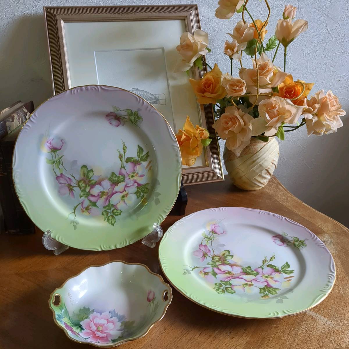 a142 Old Noritake Noritake Hand Painted цветок дизайн уголок имеется миска золотая краска / цветок дизайн большой plate .. розовый из .. цвет .