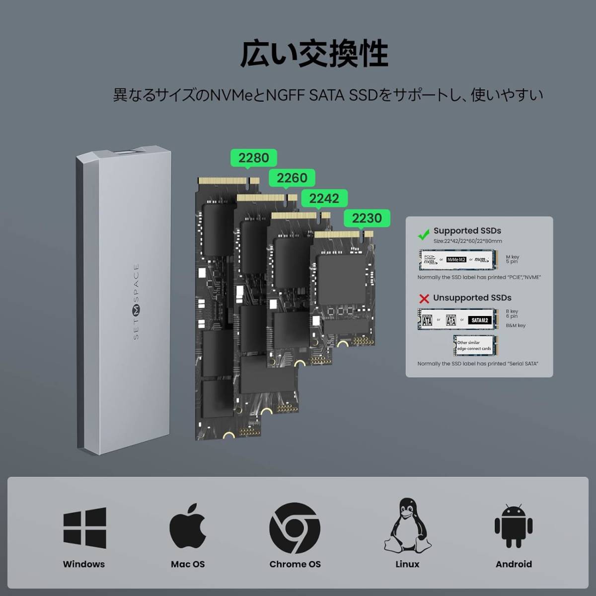 SETMSPACE M.2 ssd ケース 6Gbps「タフガイ」高速転送 ssd 外付けケース m.2 アルミ NGFF SATA ssd m.2 ケース 2230/2242/2260/2280 B-Key