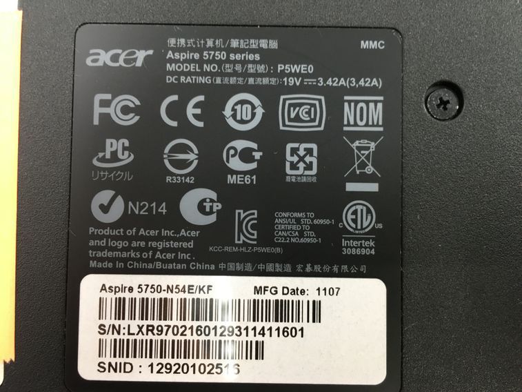 Acer/ノート/HDD 500GB/第2世代Core i5/メモリ2GB/2GB/WEBカメラ有/OS無-240104000715947_メーカー名